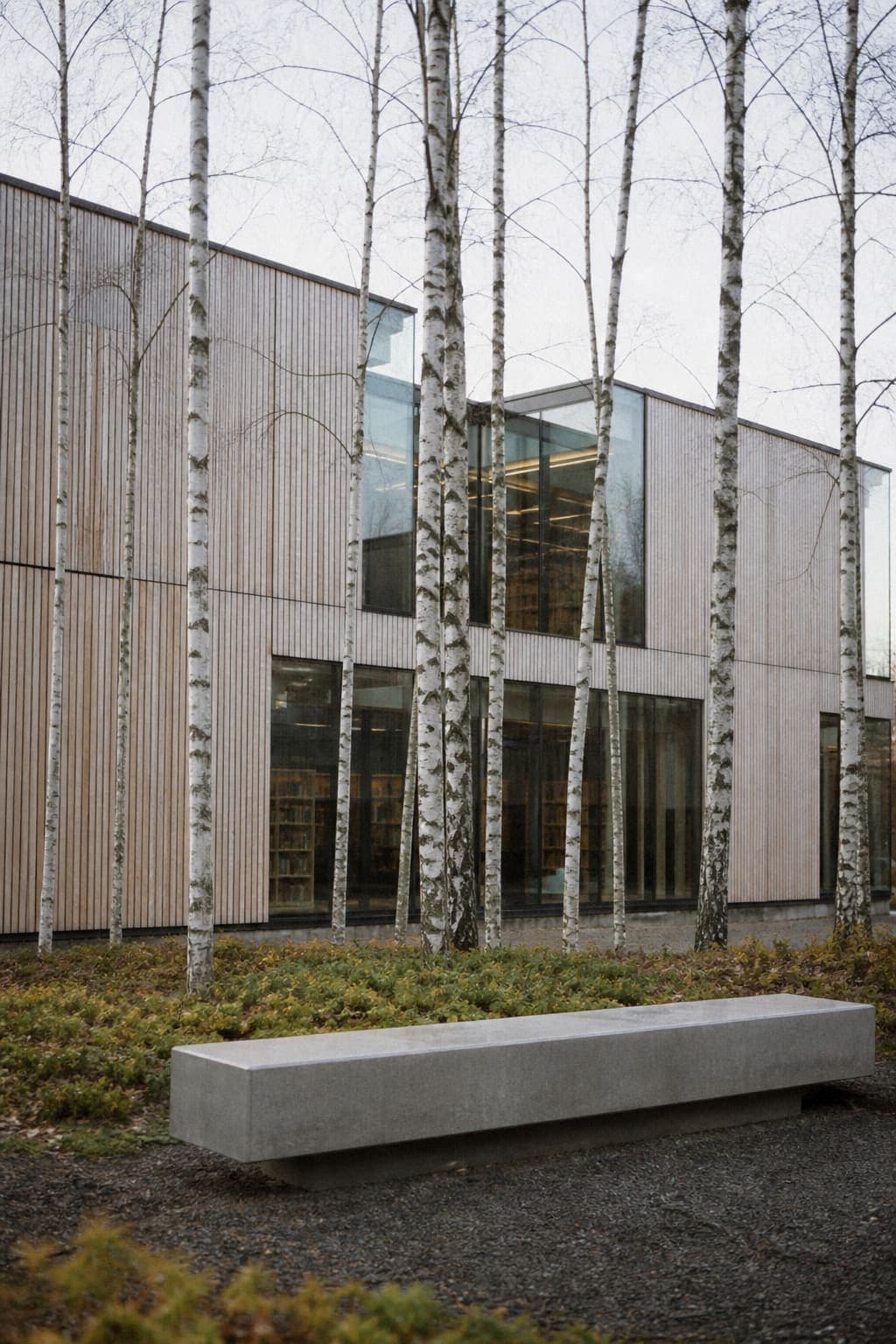 A modern university building among birch trees.