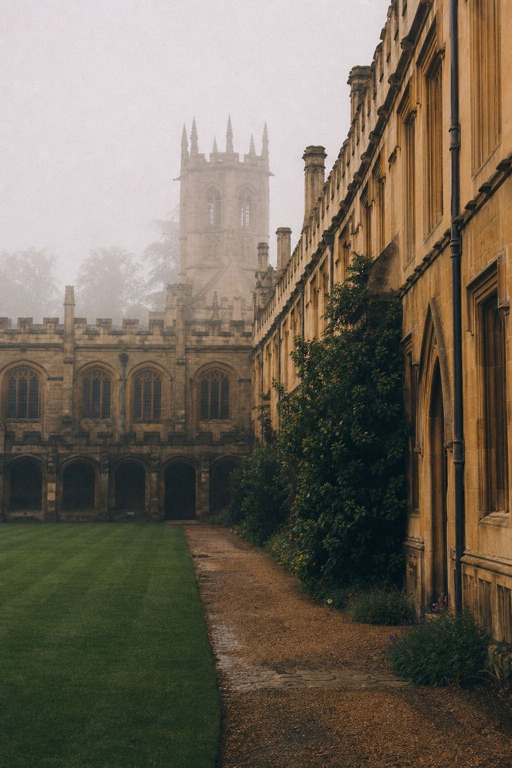 A stone university quadrangle in morning mist.