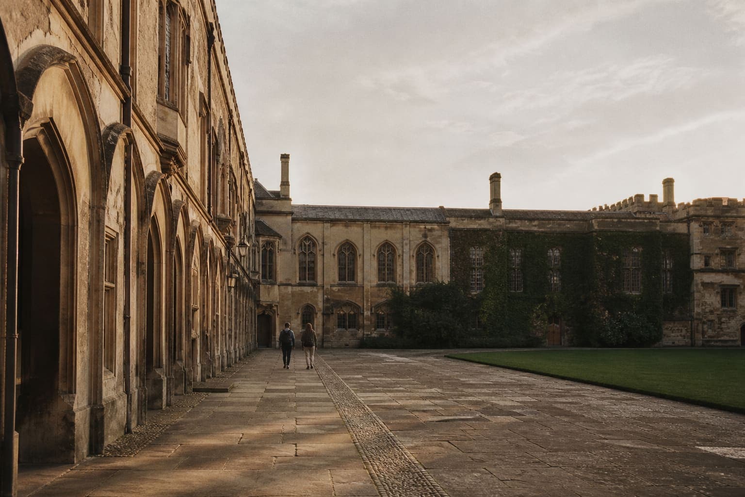 Students crossing a university courtyard.