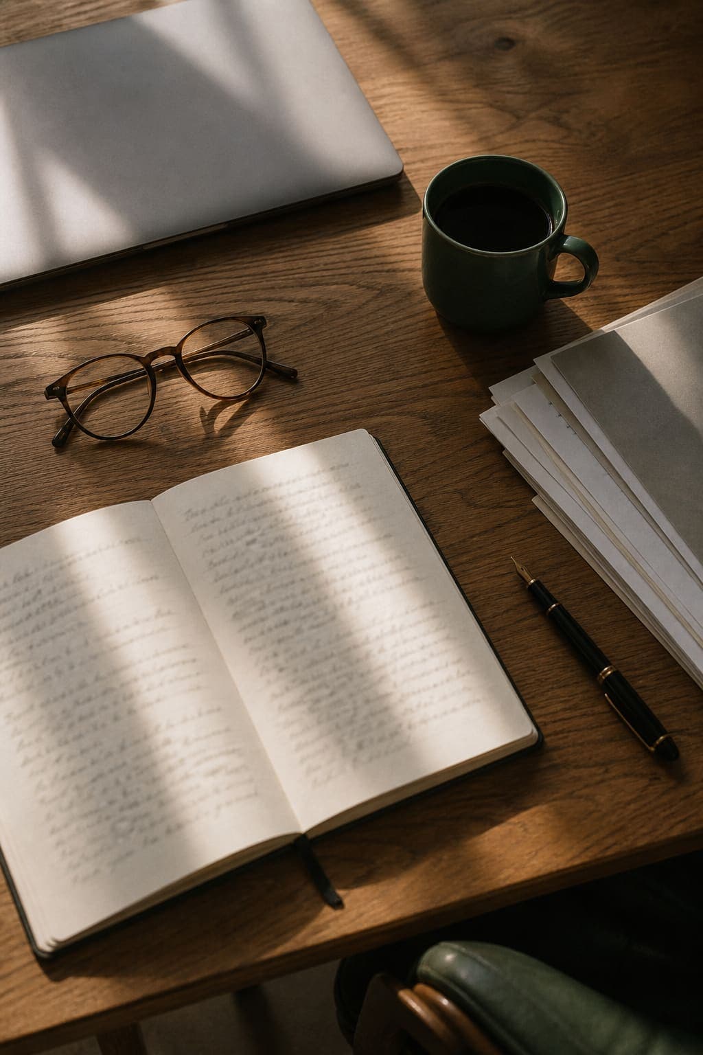 A desk with an open notebook and application papers.